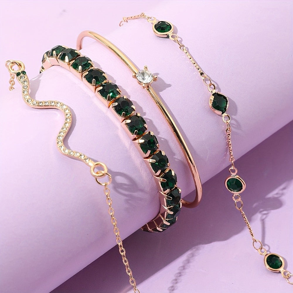 4pc Elegant Green Gemstone Bracelet Set