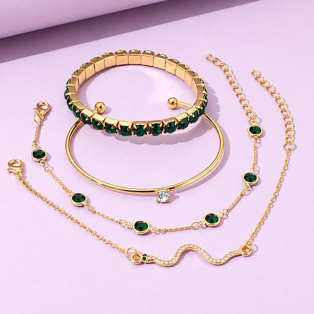 4pc Elegant Green Gemstone Bracelet Set