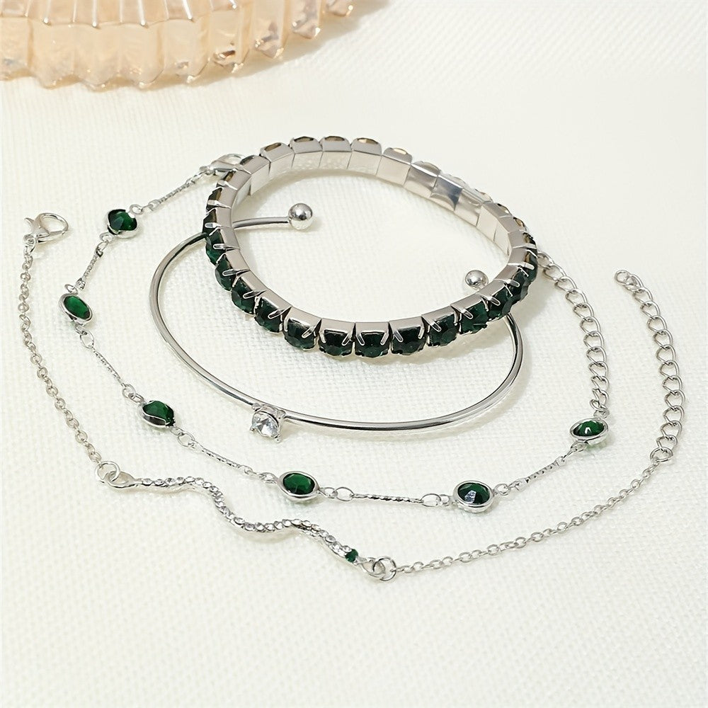 4pc Elegant Green Gemstone Bracelet Set
