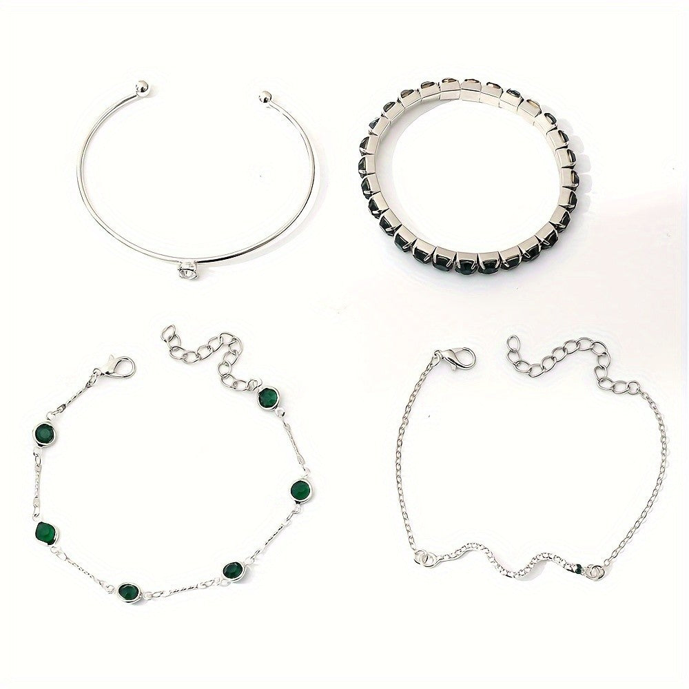 4pc Elegant Green Gemstone Bracelet Set