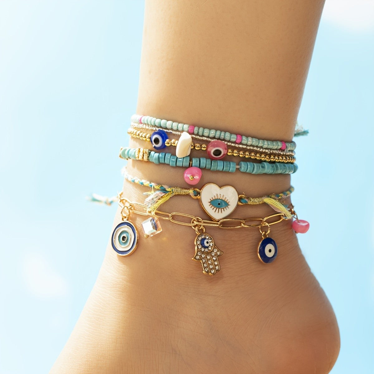6pc Boho Turquoise Evil Eye Anklet Set