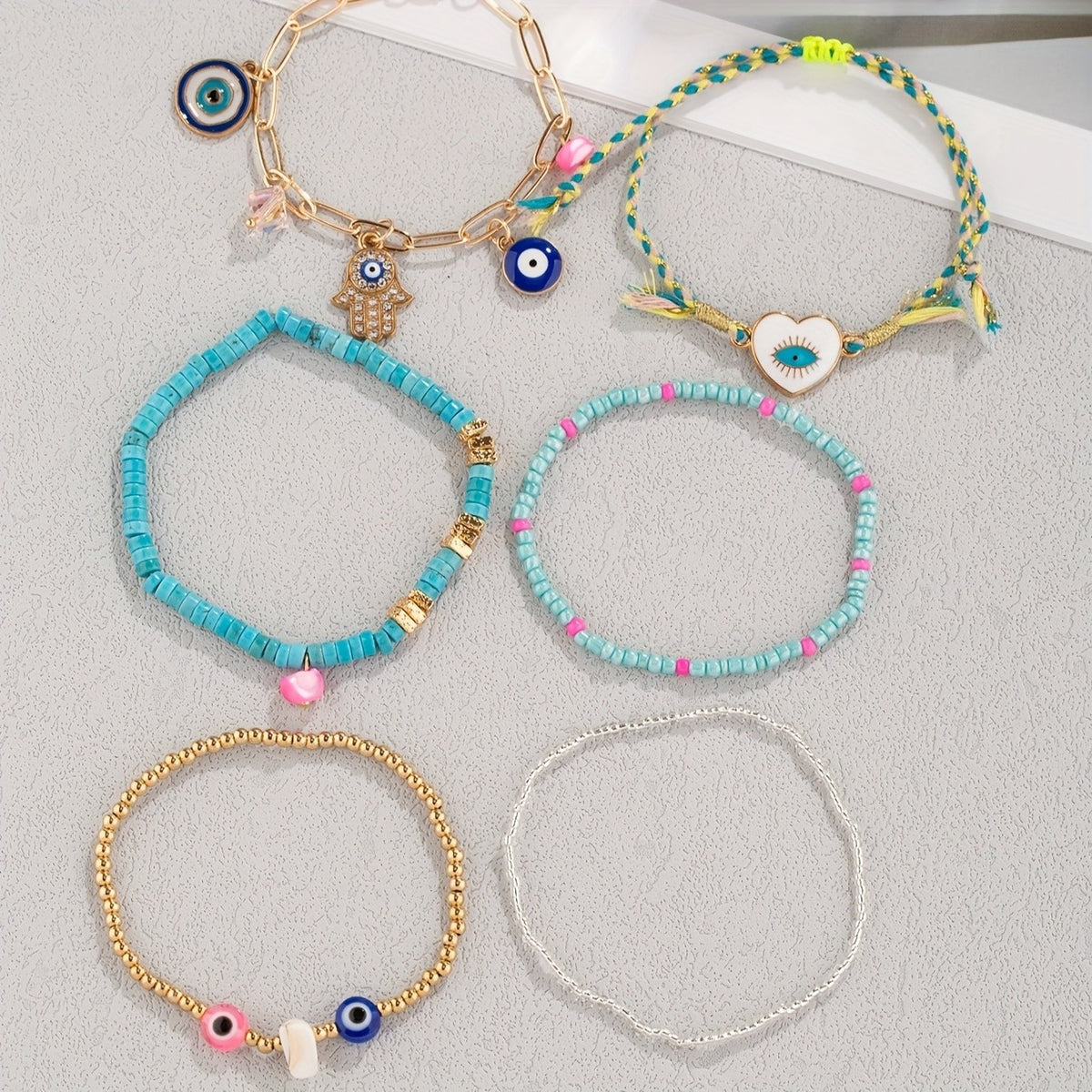 6pc Boho Turquoise Evil Eye Anklet Set