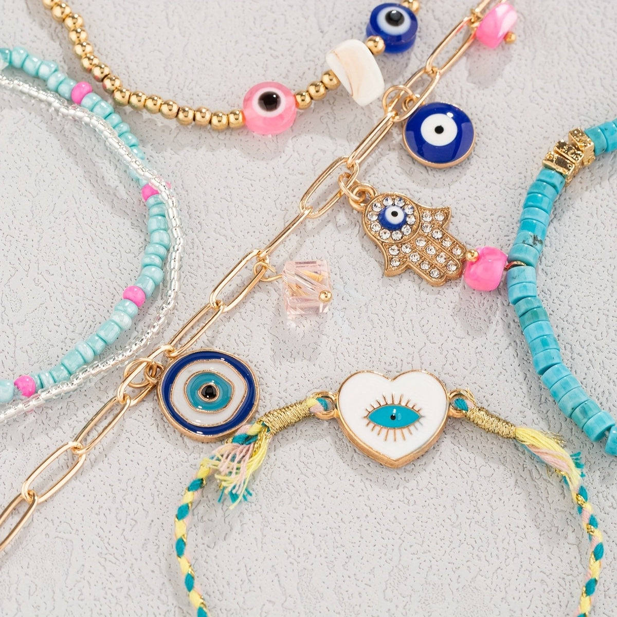 6pc Boho Turquoise Evil Eye Anklet Set
