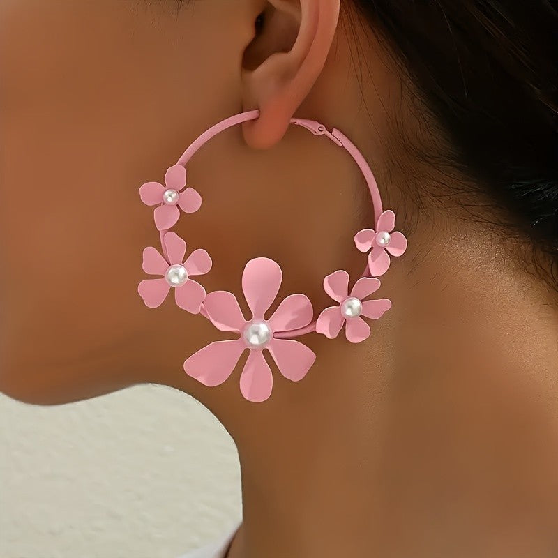 Romantic Pink Floral Pearl Hoop Earrings