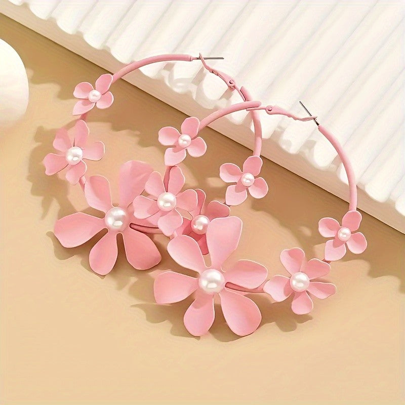 Romantic Pink Floral Pearl Hoop Earrings