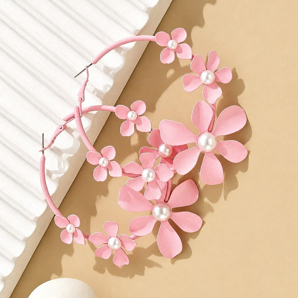 Romantic Pink Floral Pearl Hoop Earrings