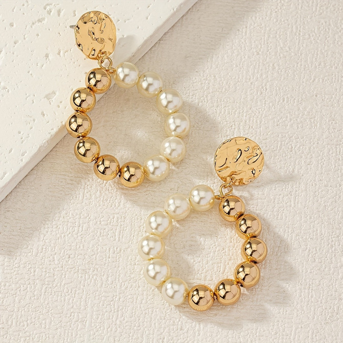 Classy Textured Disc Pearl Hoop Earrings