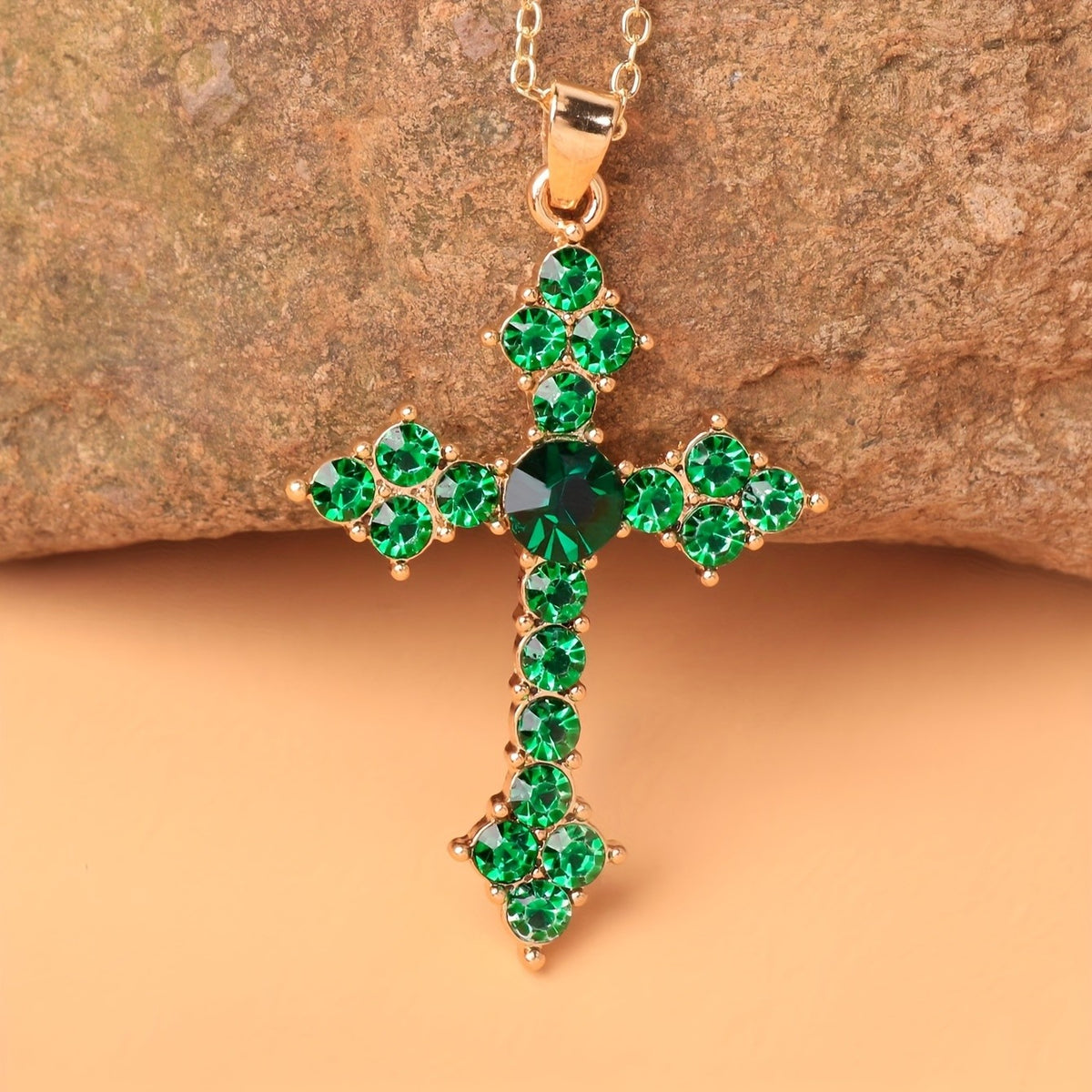 Elegant Green Crystal Cross Necklace