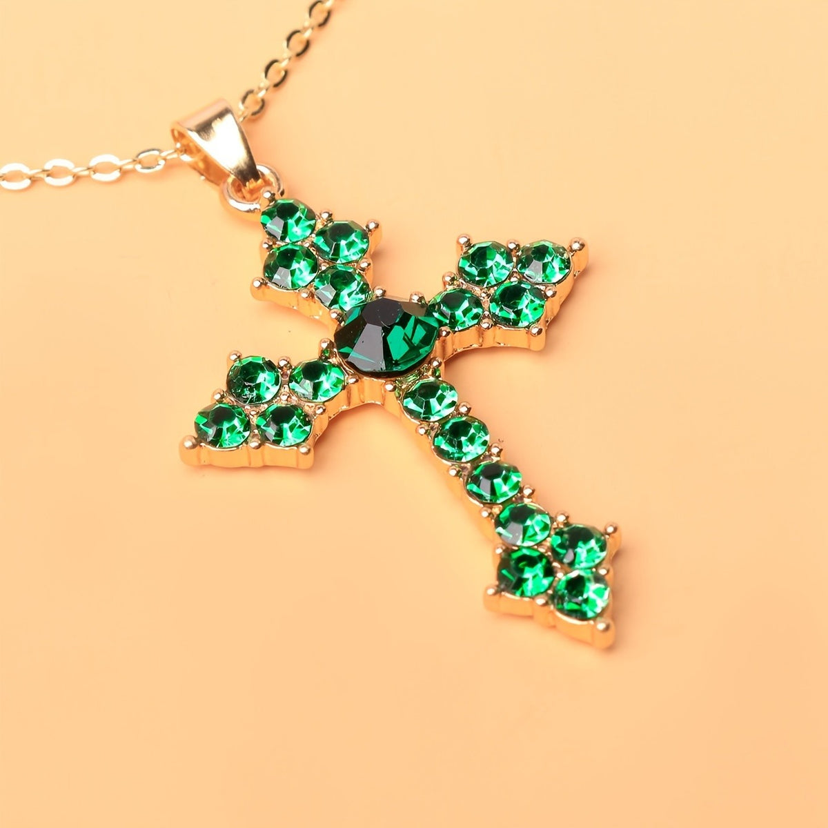 Elegant Green Crystal Cross Necklace
