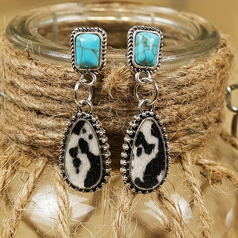 Boho Vintage Turquoise Cow Print Drop Earrings