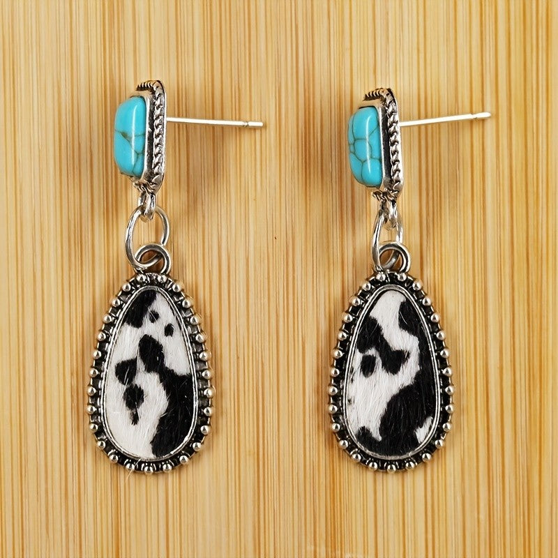 Boho Vintage Turquoise Cow Print Drop Earrings