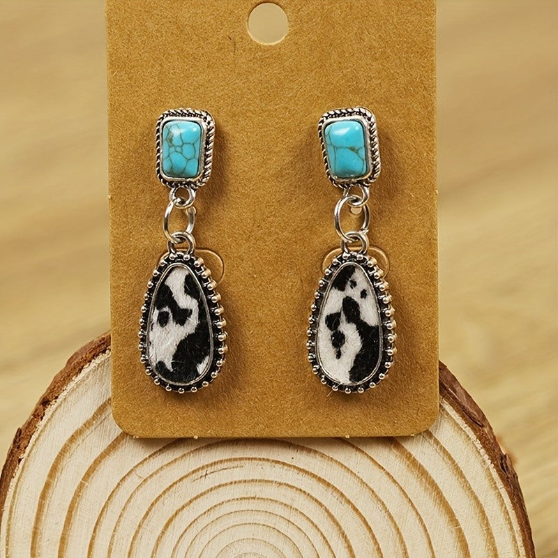 Boho Vintage Turquoise Cow Print Drop Earrings