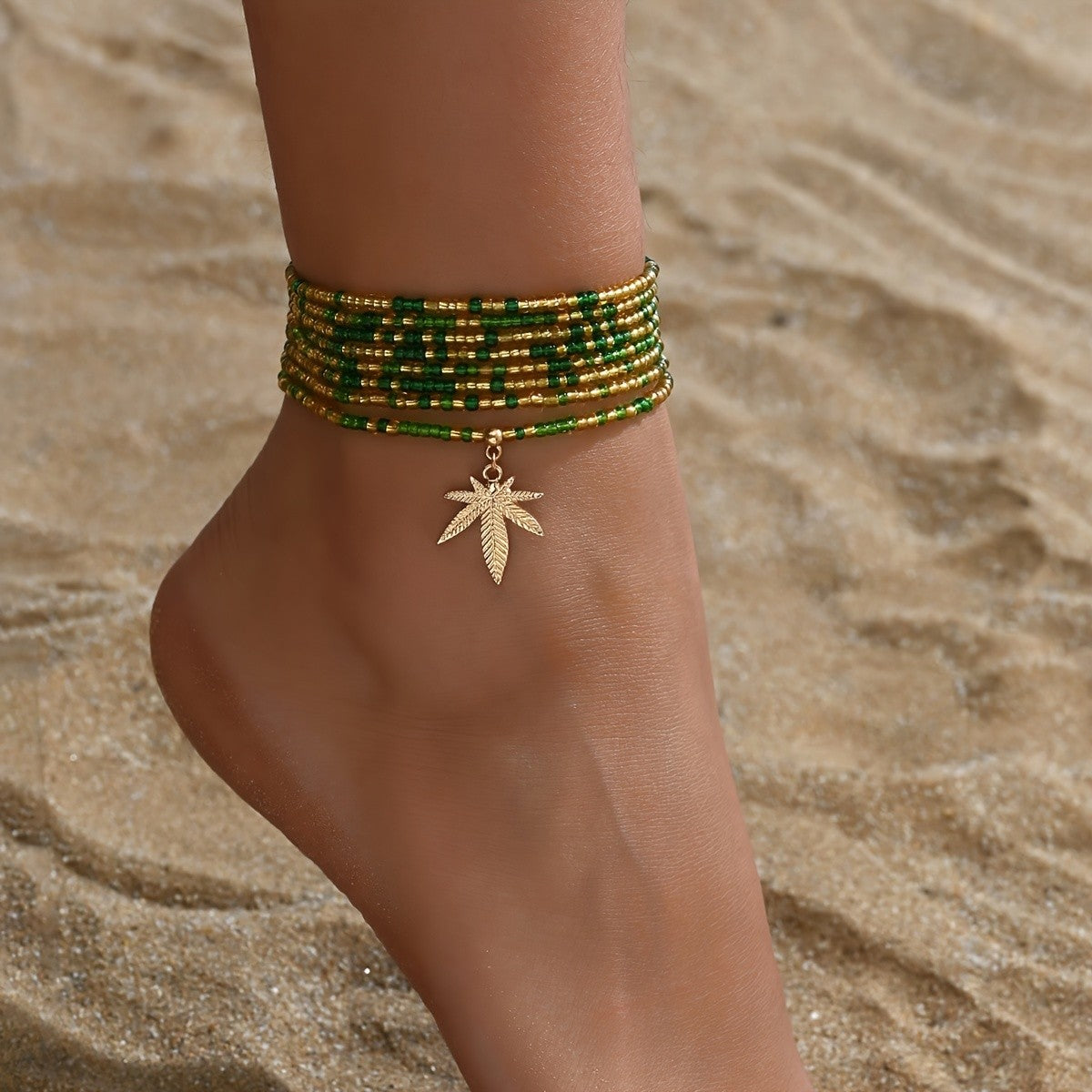 Boho Green Bead Maple Leaf Anklet
