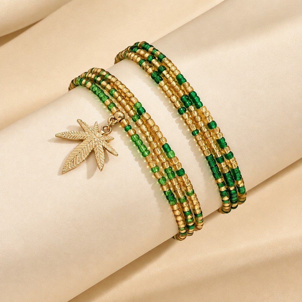 Boho Green Bead Maple Leaf Anklet
