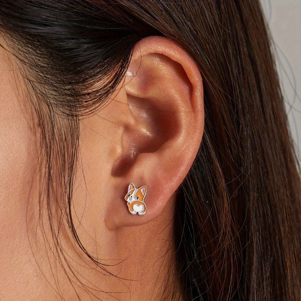 Cute Enamel Corgi Stud Earrings