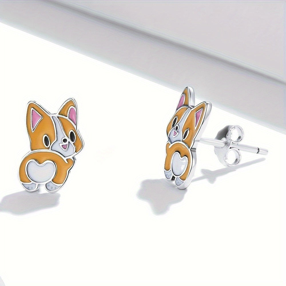 Cute Enamel Corgi Stud Earrings