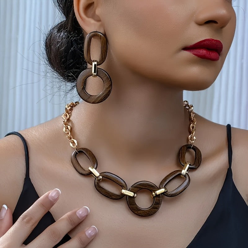 Classy Geometric Wood Link Necklace & Earring Set