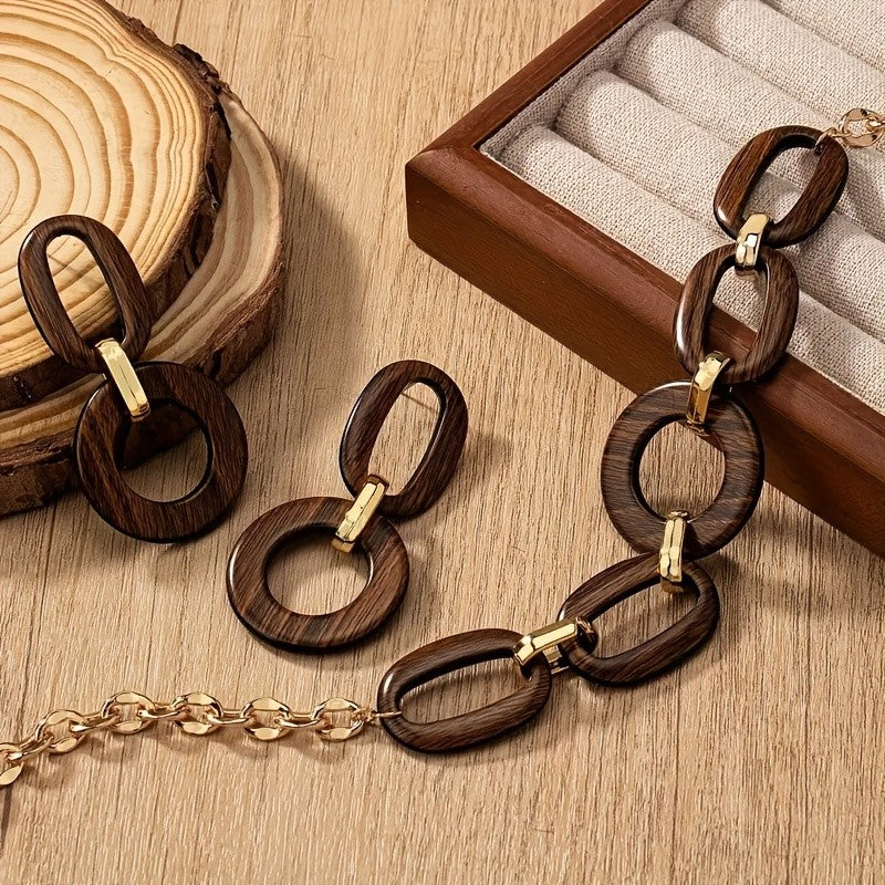Classy Geometric Wood Link Necklace & Earring Set