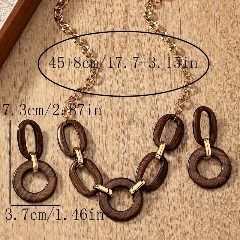Classy Geometric Wood Link Necklace & Earring Set