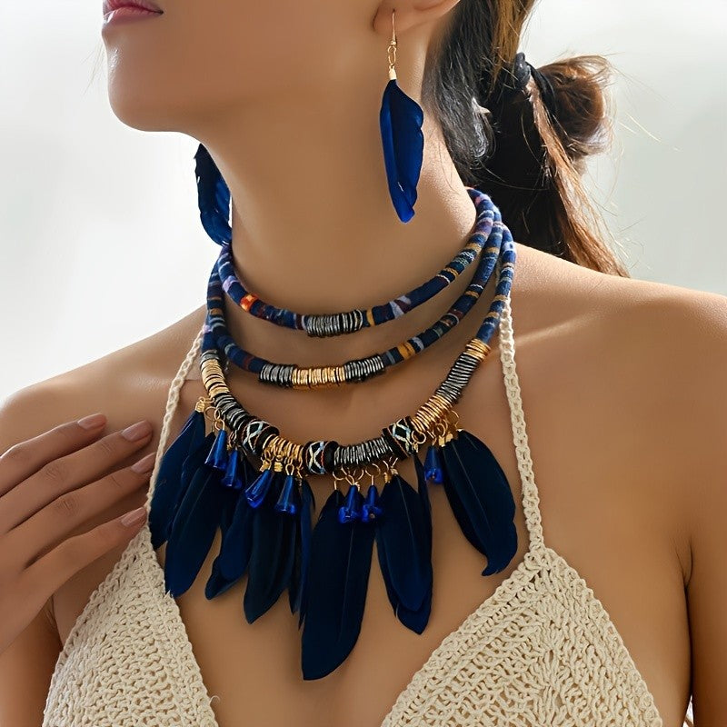 Boho Layered Feather Necklace & Earring Set