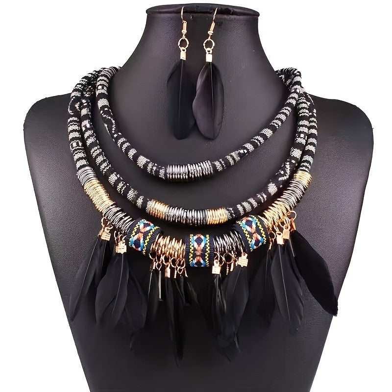 Boho Layered Feather Necklace & Earring Set
