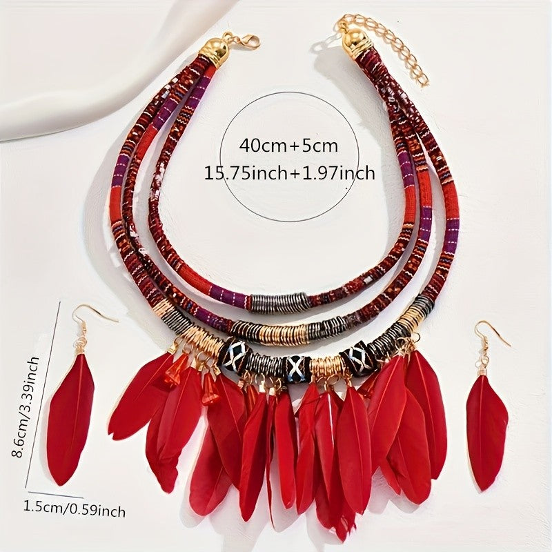 Boho Layered Feather Necklace & Earring Set