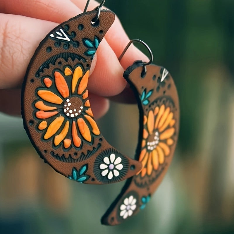 Boho Vintage Floral Crescent Moon Earrings