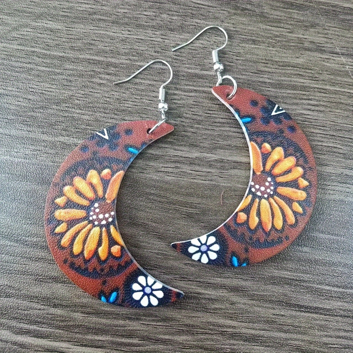 Boho Vintage Floral Crescent Moon Earrings