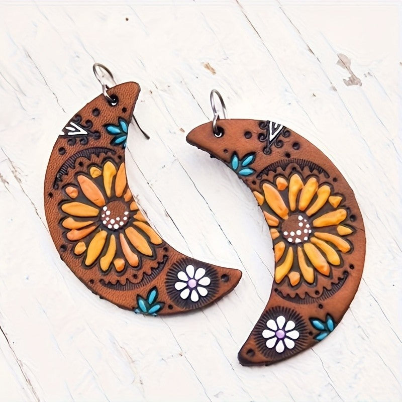 Boho Vintage Floral Crescent Moon Earrings