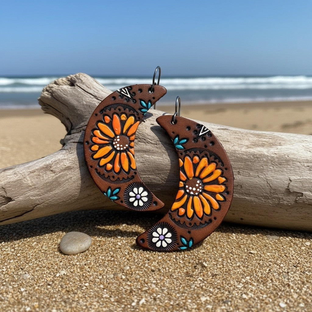 Boho Vintage Floral Crescent Moon Earrings