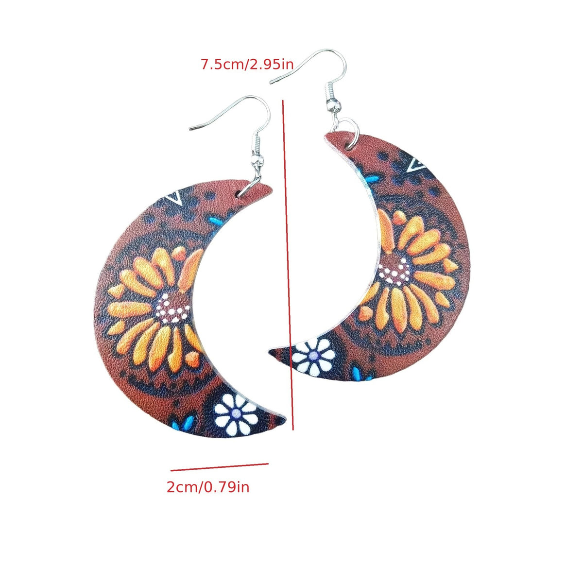 Boho Vintage Floral Crescent Moon Earrings