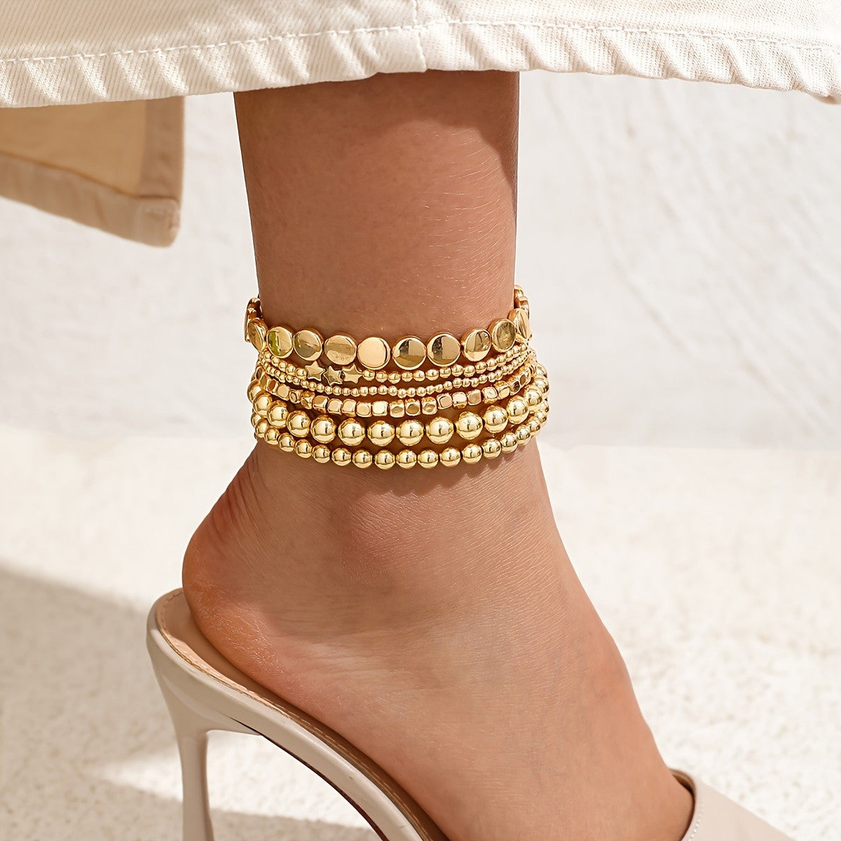 6pc Boho Mixed Bead Anklet Set