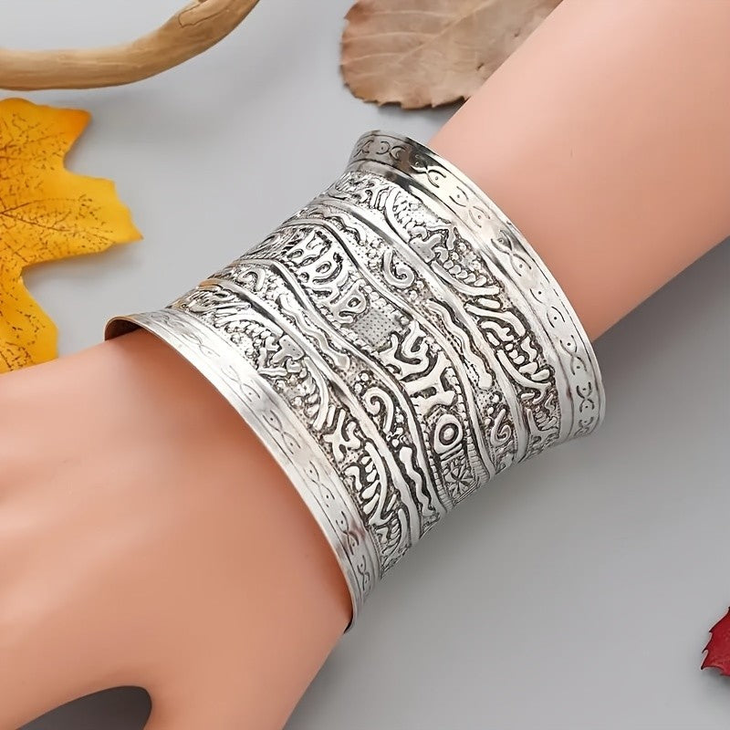 Boho Vintage Carved Wide Cuff Bracelet
