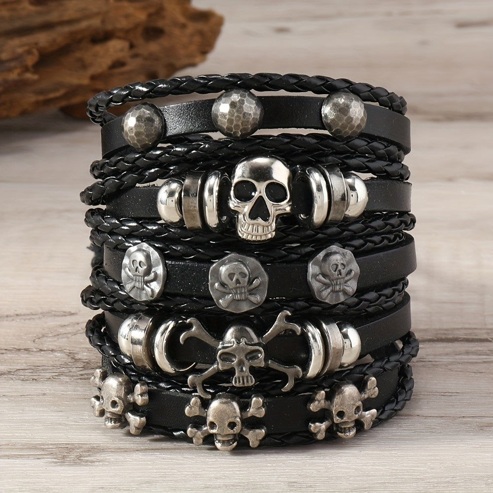 5pc Vintage Woven Skull Bracelet Set