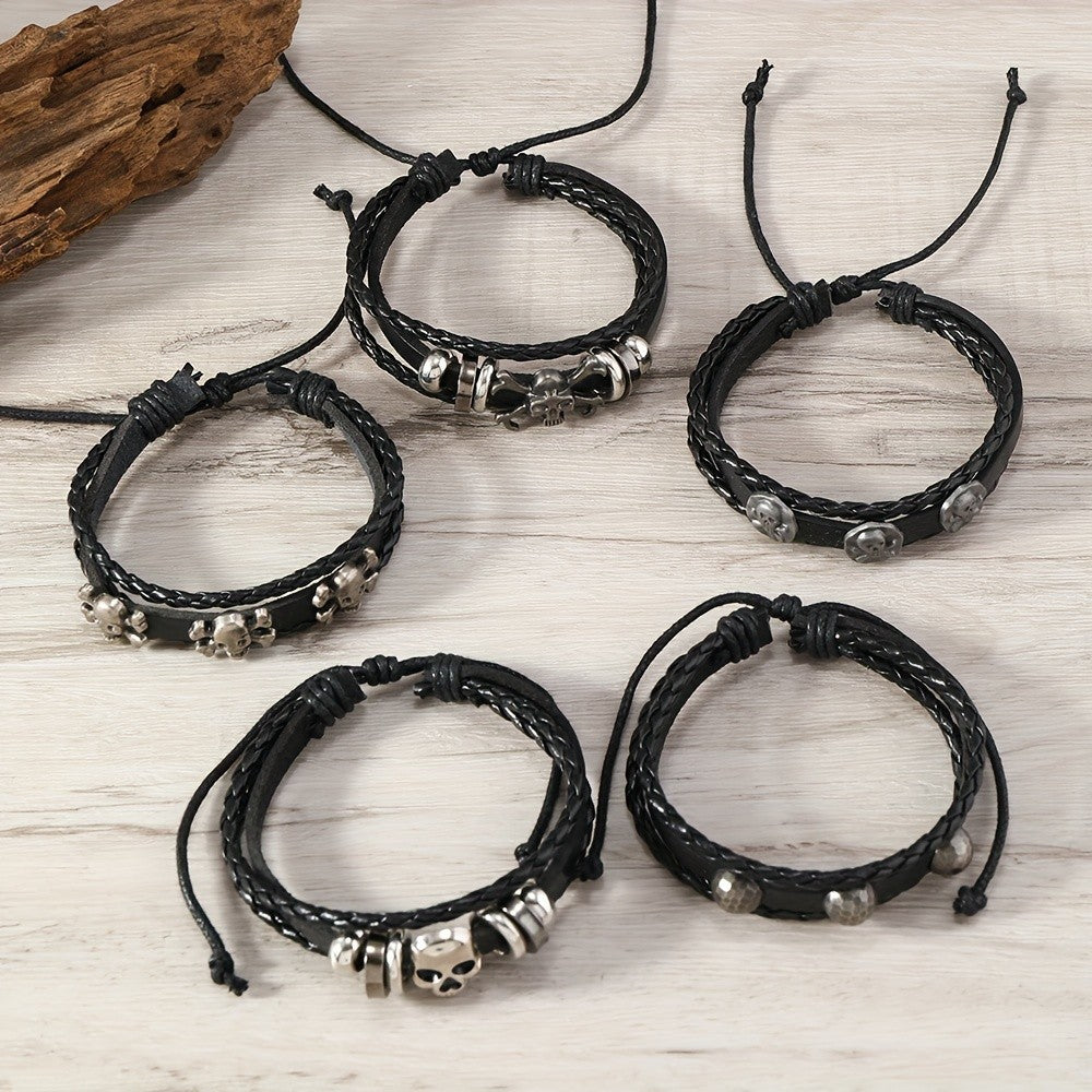5pc Vintage Woven Skull Bracelet Set