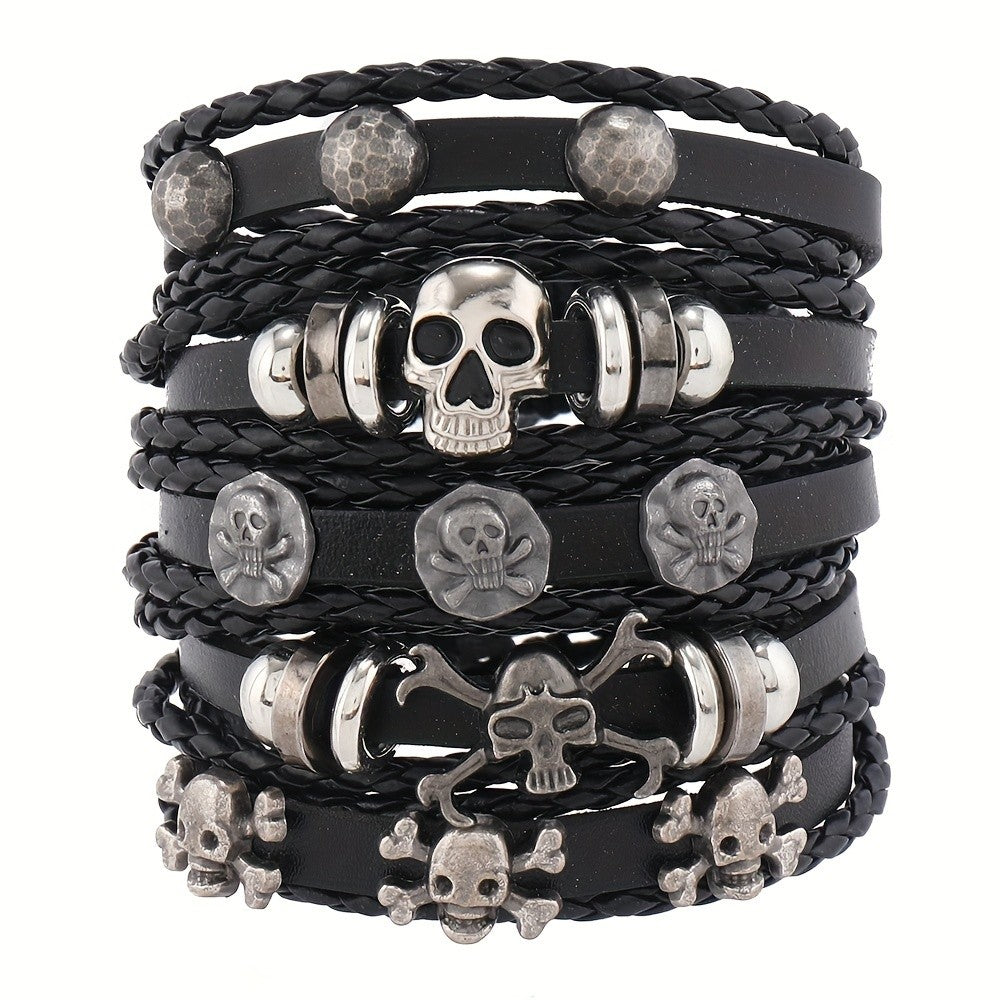 5pc Vintage Woven Skull Bracelet Set