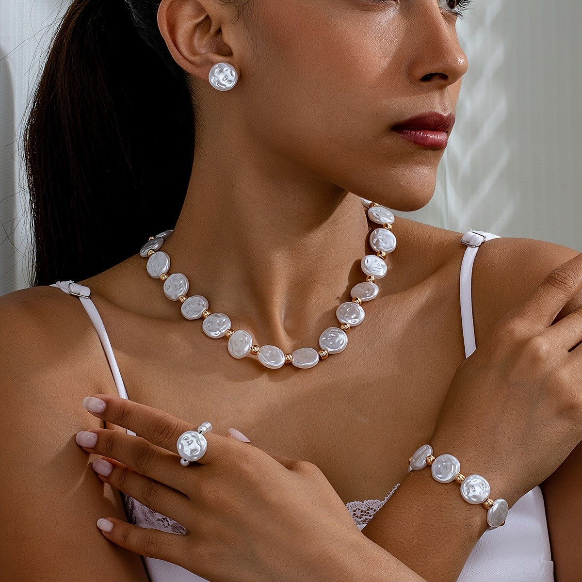 Classy Irregular Pearl Necklace, Ring & Earring Set