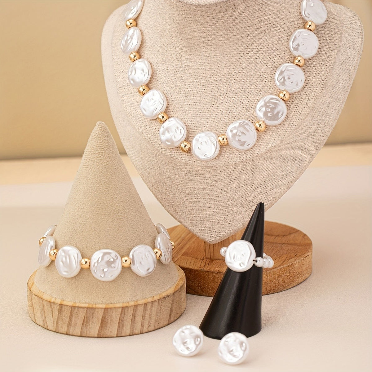 Classy Irregular Pearl Necklace, Ring & Earring Set