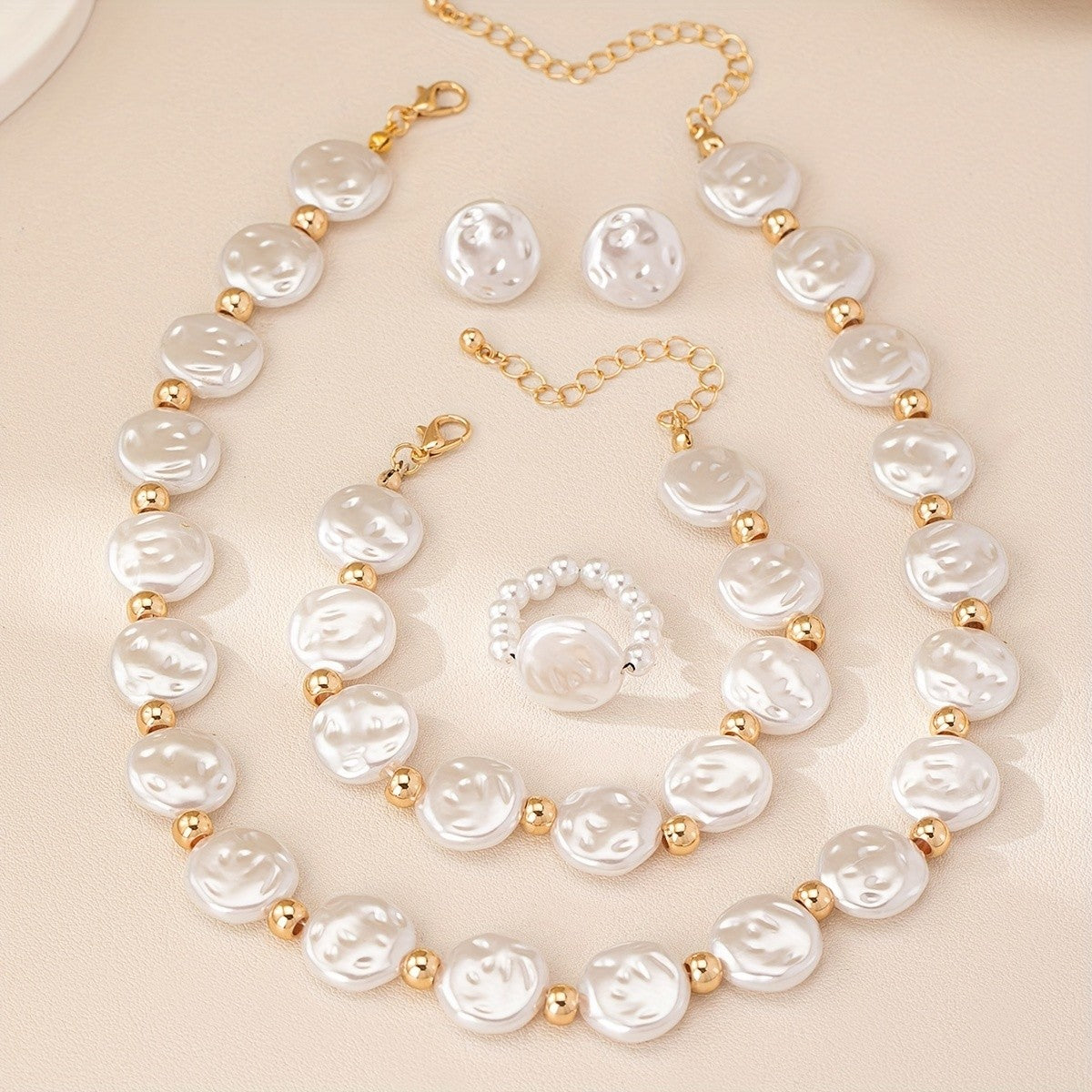Classy Irregular Pearl Necklace, Ring & Earring Set