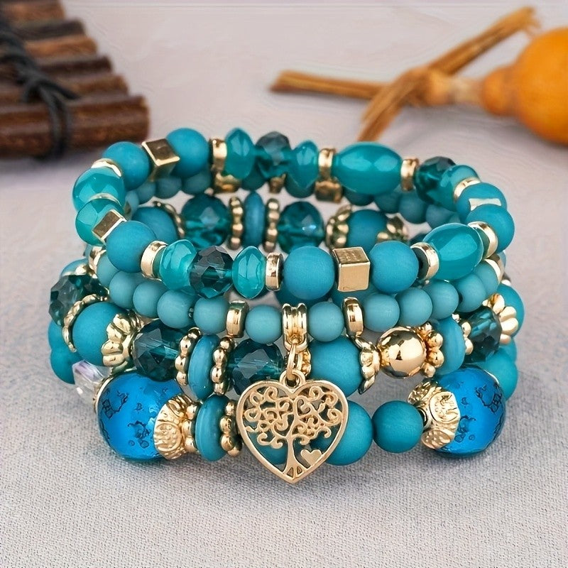 Boho Blue Bead Tree of Life Bracelet Set