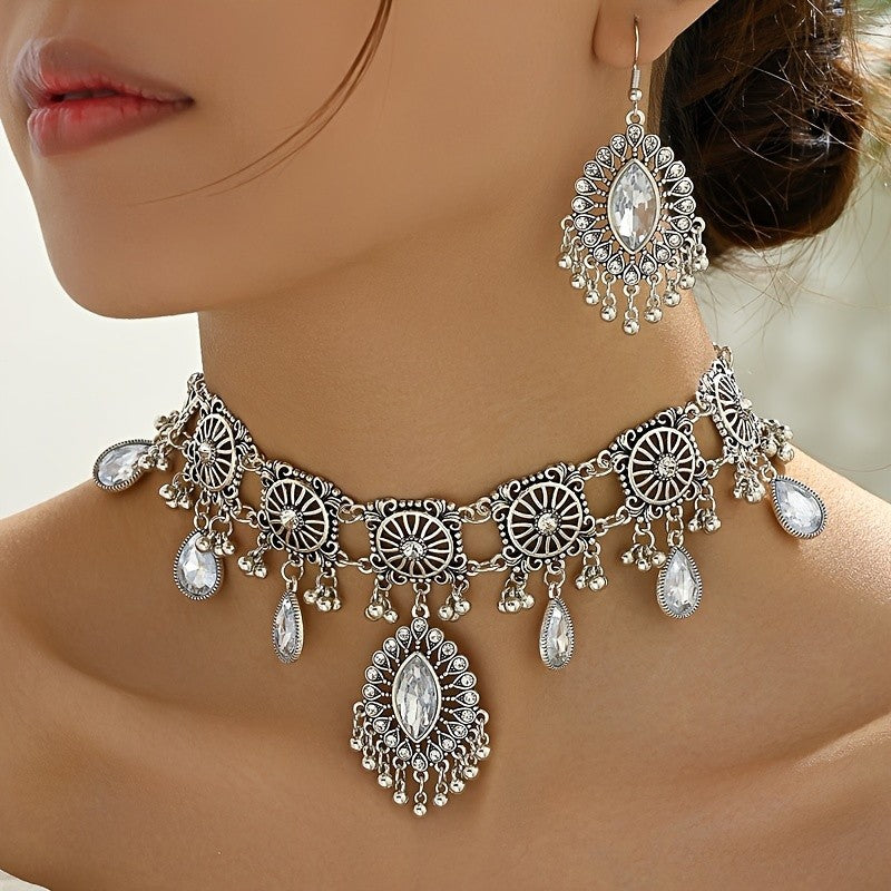 Boho Green Gemstone Choker Necklace & Earring Set