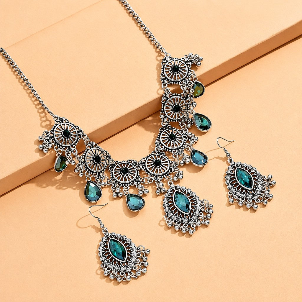 Boho Green Gemstone Choker Necklace & Earring Set