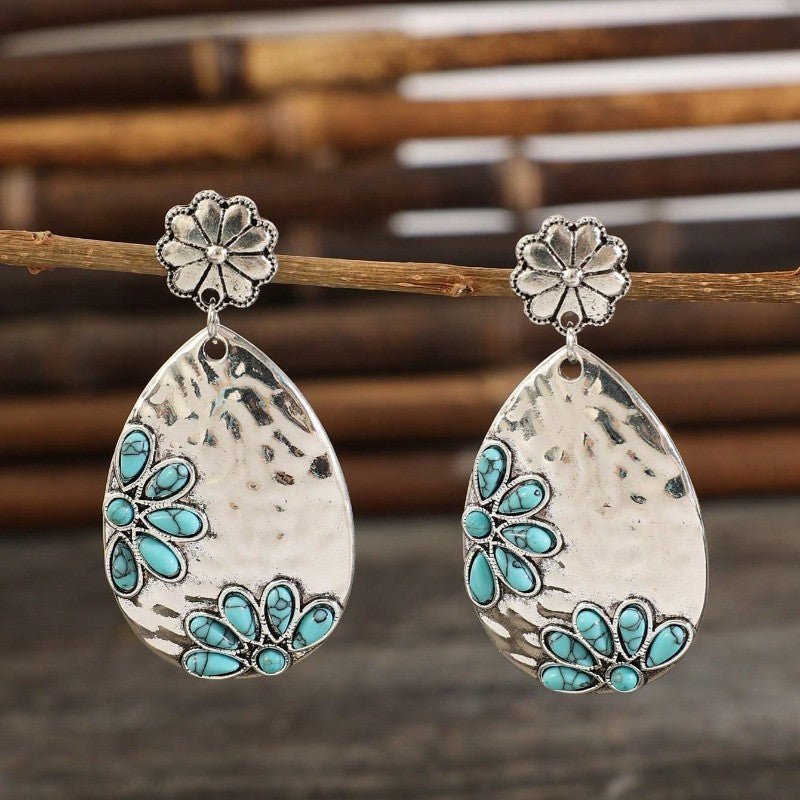 Boho Hammered Turquoise Flower Drop Earrings