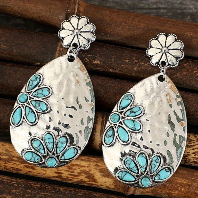 Boho Hammered Turquoise Flower Drop Earrings