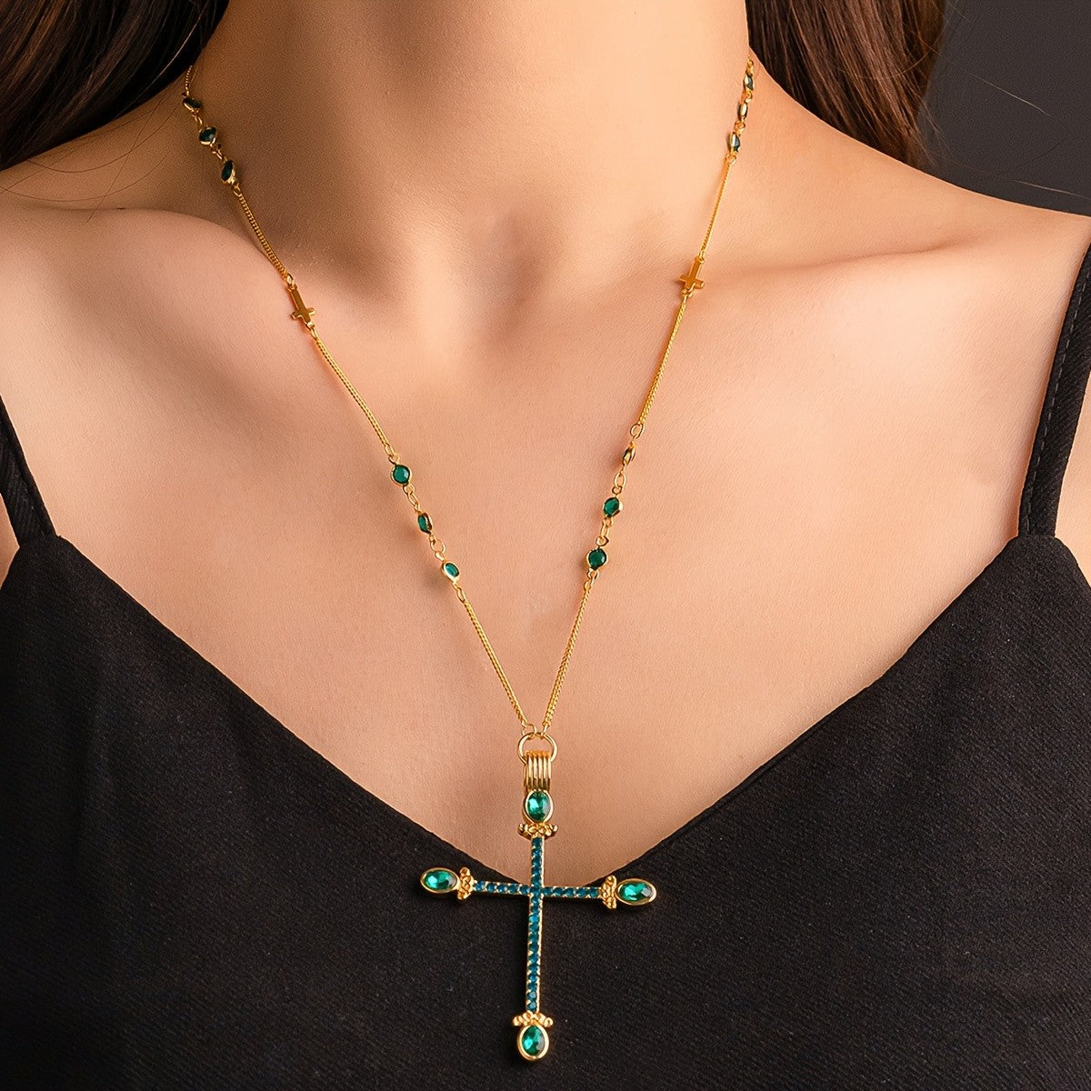 Vintage Green Rhinestone Cross Necklace