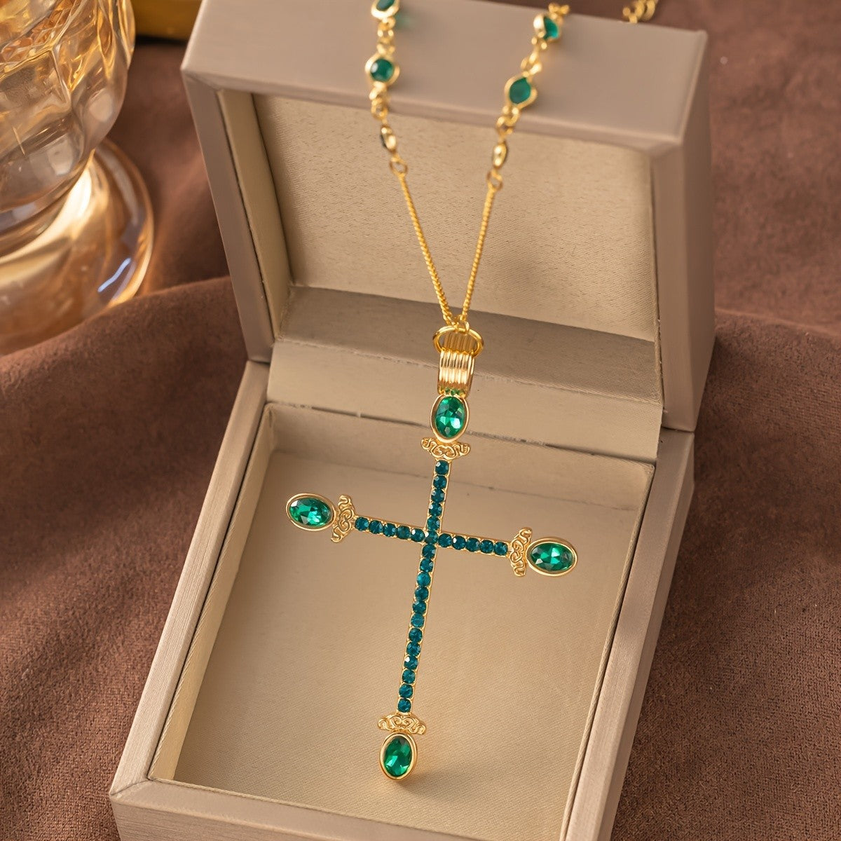 Vintage Green Rhinestone Cross Necklace