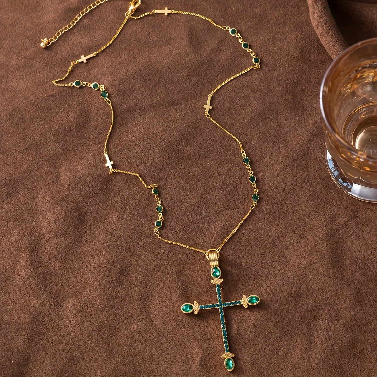 Vintage Green Rhinestone Cross Necklace