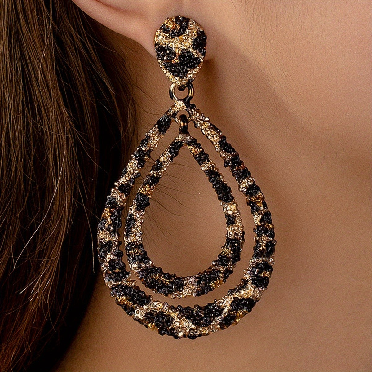 Leopard Print Double Teardrop Drop Earrings