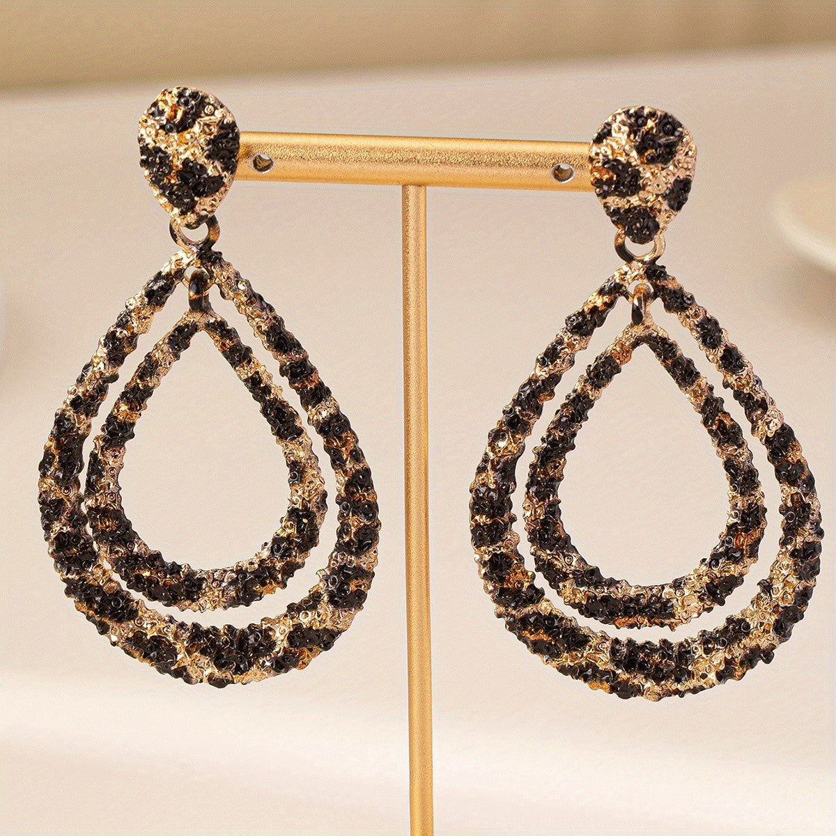 Leopard Print Double Teardrop Drop Earrings