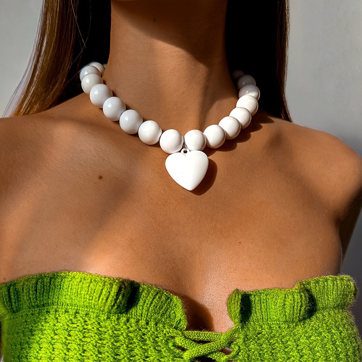 Boho Chunky White Bead Heart Necklace